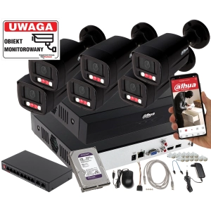 Monitoring 6 kamer Dahua IPC-HFW1439TL1-A-IL-Black Smart Dual Light + Rejestrator + Dysk + Switch PoE